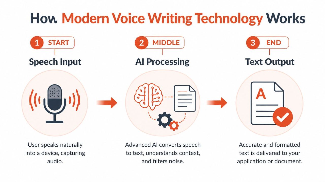 A simple infographic illustrating how modern voice writing technology works through three sequential stages of speech input, AI processing, and text output.