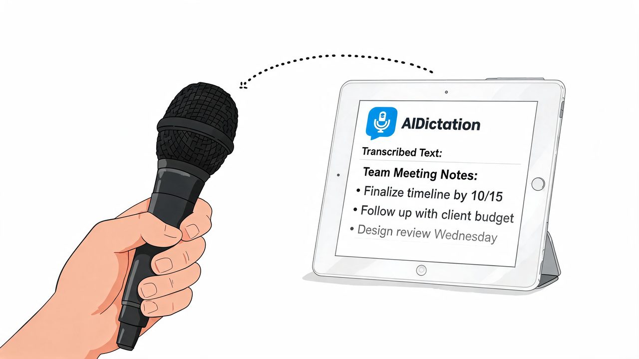 A hand holding a microphone, illustrating voice-to-text transcription on an AI-powered tablet device for meetings.