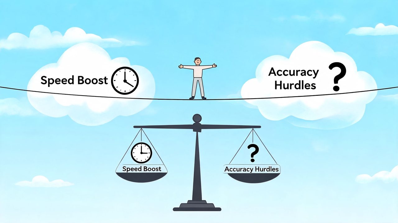 A person balancing on a tightrope above a scale illustrating the trade-off between speed and accuracy.