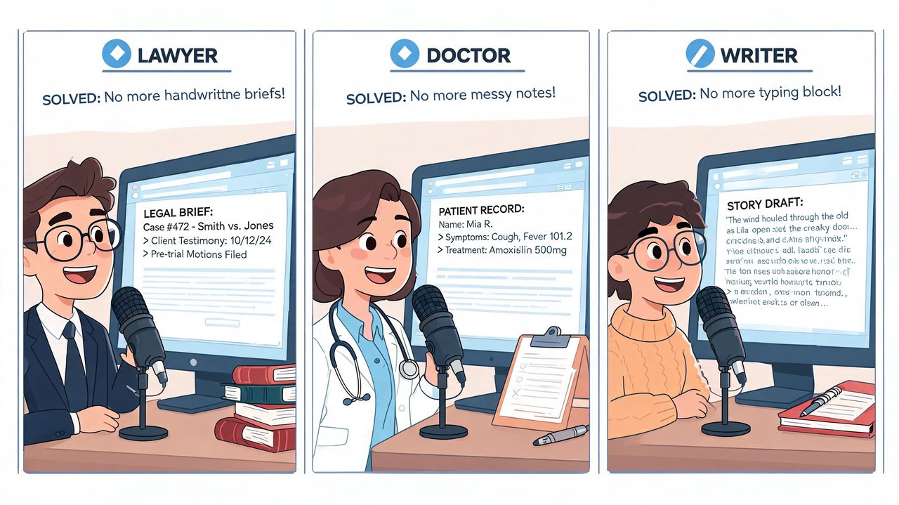 A professional illustration showing a lawyer, doctor, and writer using voice-to-text technology to improve their daily productivity.