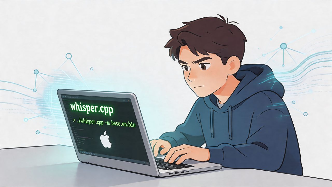 An anime-style boy intently coding on a silver laptop with the command line whisper.cpp displayed.