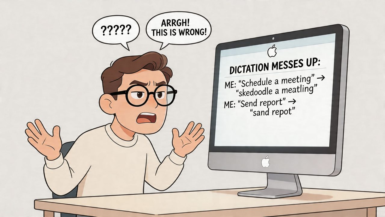 A cartoon man in glasses looking frustrated at a computer screen showing incorrect dictation errors.