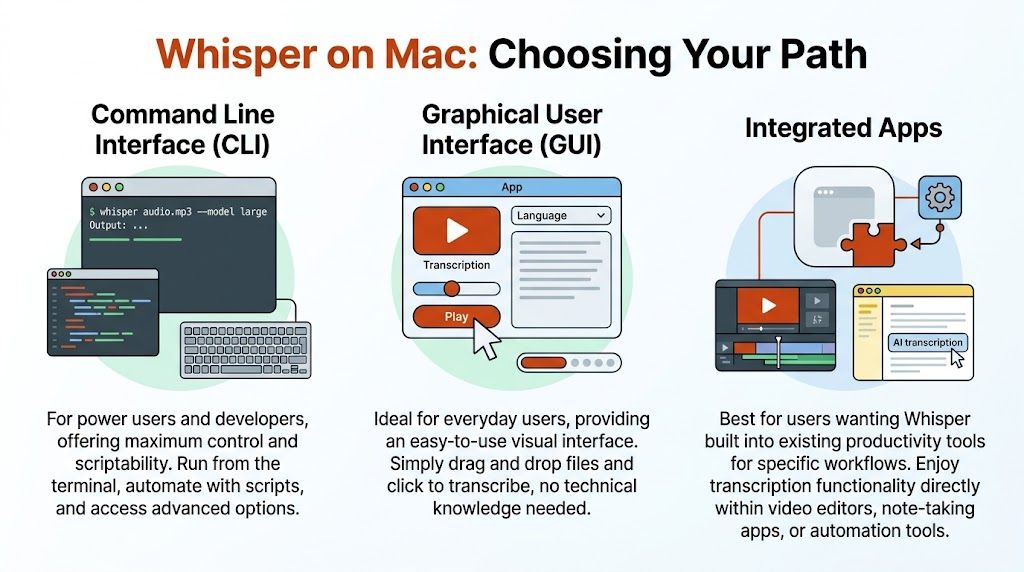 An infographic showing three ways to use Whisper for Mac: CLI, GUI, and Integrated Apps.