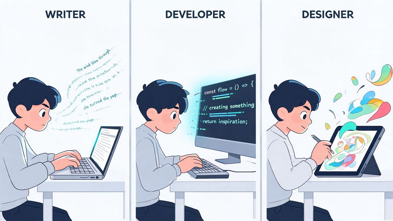 A triptych showing an illustrator representing a writer, a developer, and a designer at their respective workstations.