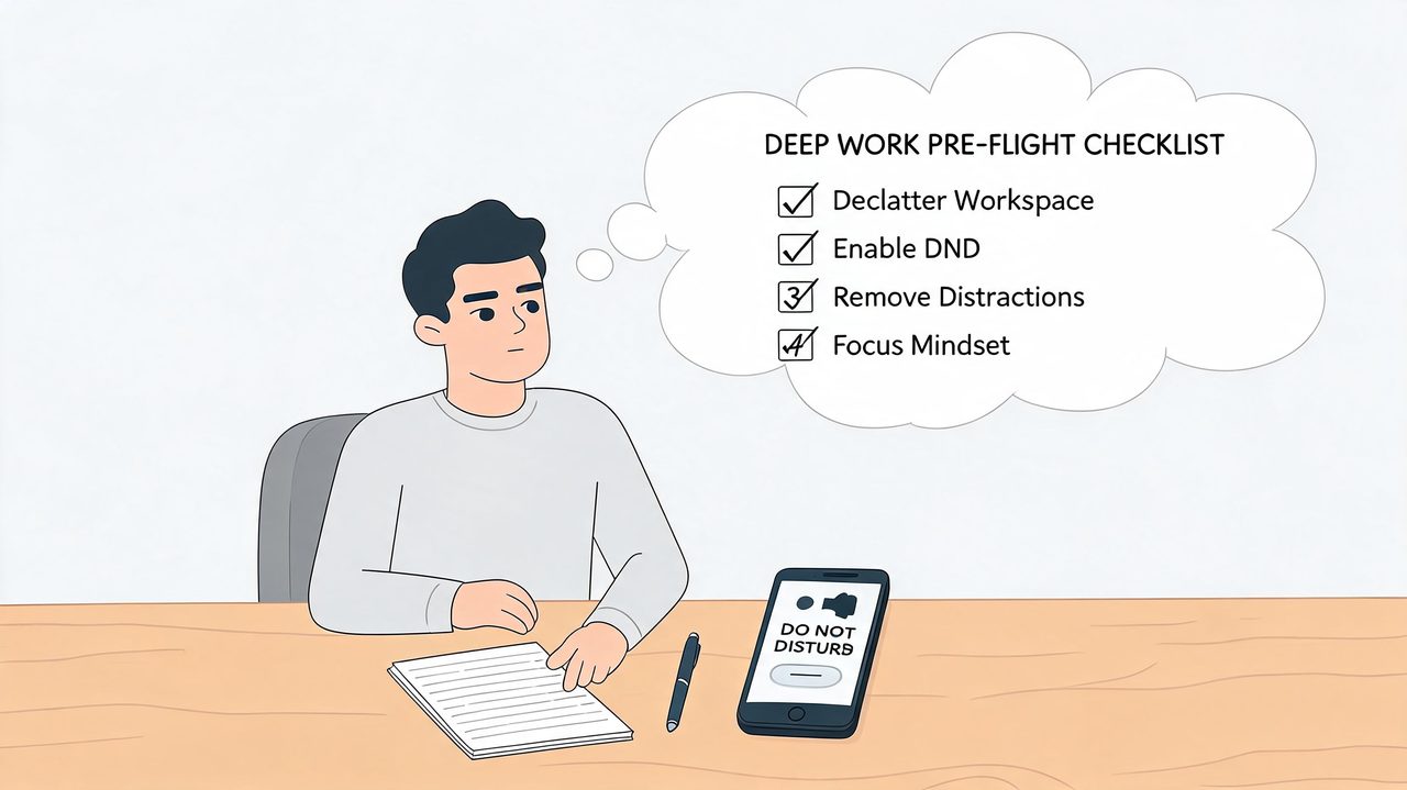 A person sitting at a desk with a checklist about deep work and a phone on silent.