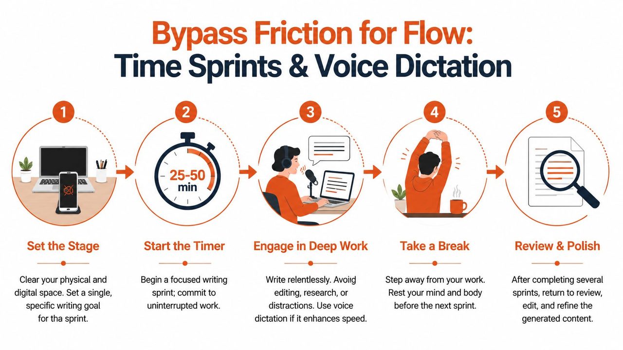 A five-step infographic showing a process for writing in flow using time sprints and voice dictation.