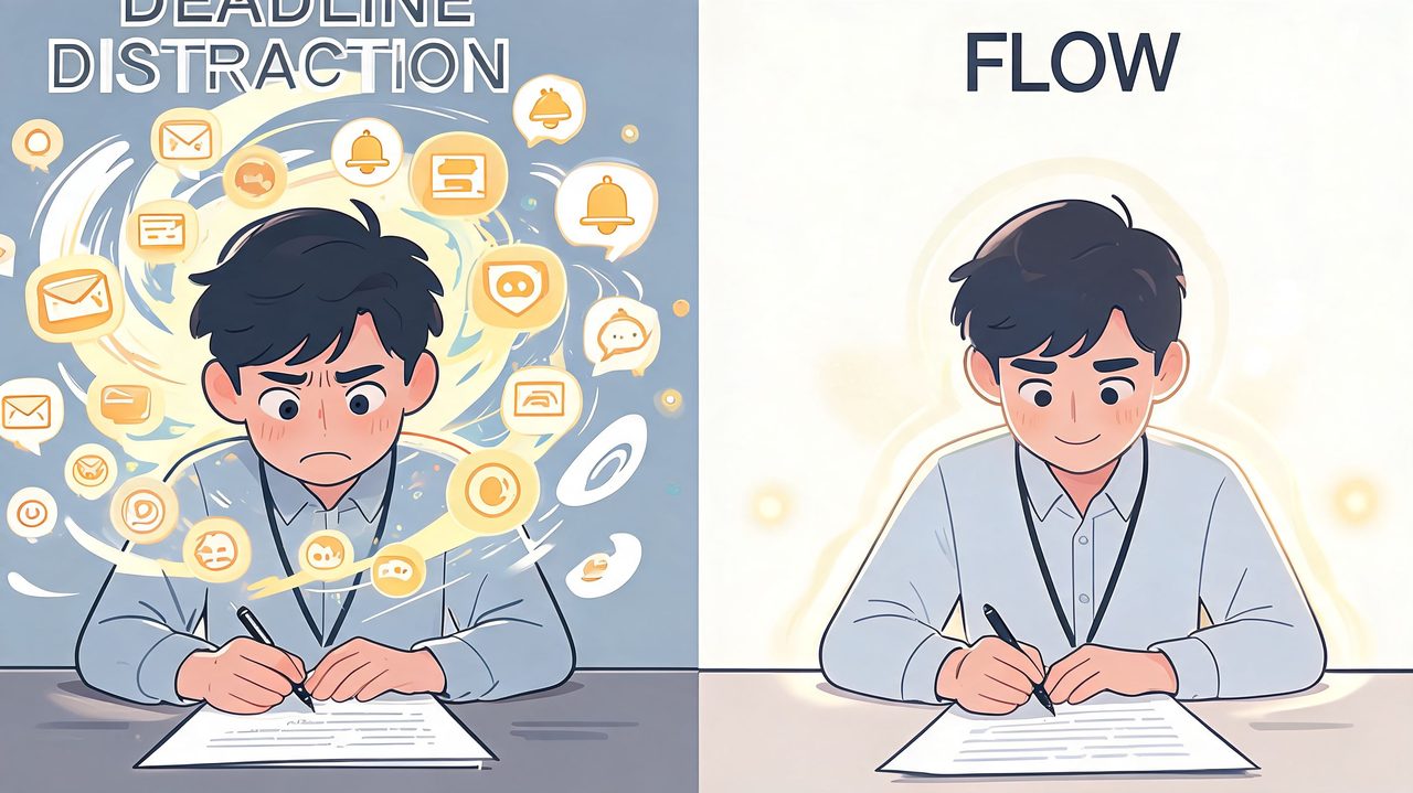 A split image comparing a stressed person struggling with digital distractions to one in a focused flow state.