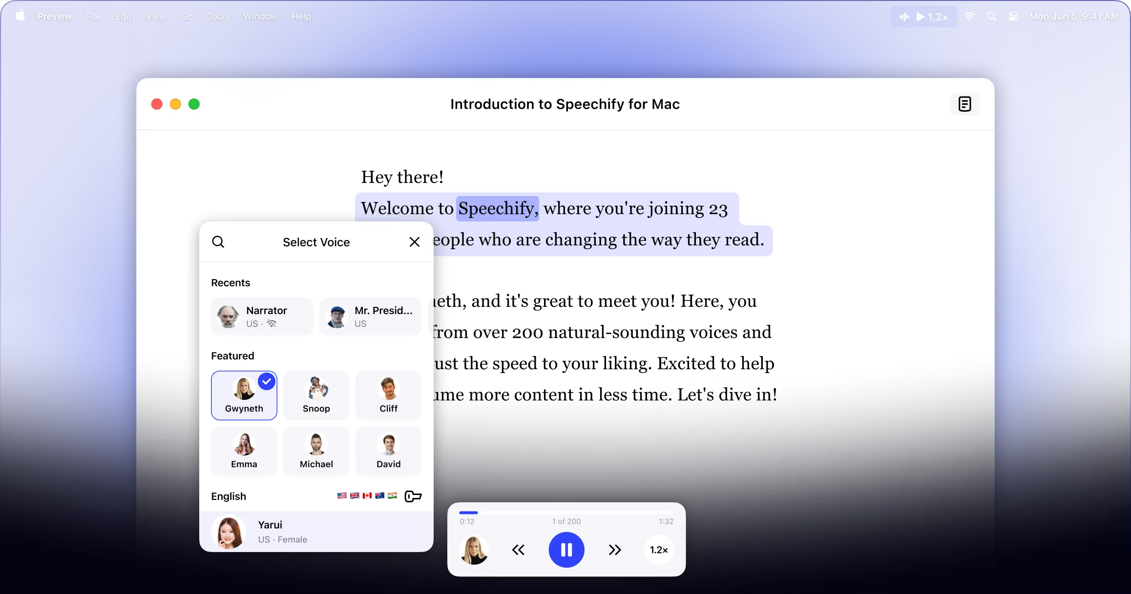 Speechify Mac app with text loaded and playback controls