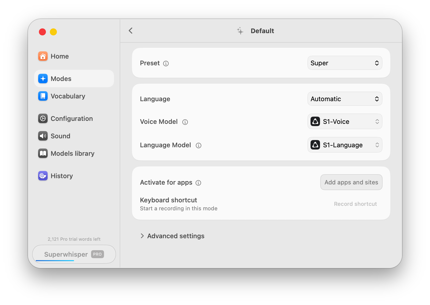 Superwhisper S1 Voice and S1 Language settings